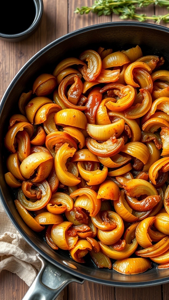 A skillet of golden-brown caramelized onions, glistening with oil, on a rustic wooden table.